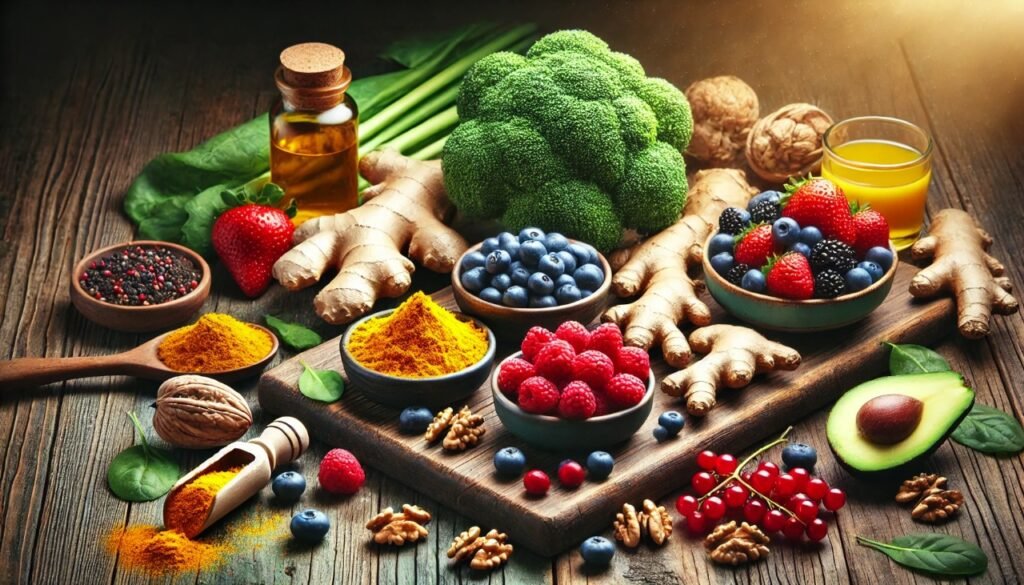 Alimentos anti-inflamatórios como cúrcuma, gengibre e salmão para uma vida saudável.