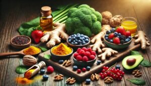 Alimentos anti-inflamatórios como cúrcuma, gengibre e salmão para uma vida saudável.