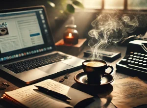 DALL·E 2025-02-24 15.55.36 - Uma cena realista e atraente de uma xícara de café quente em uma mesa de escritório, ao lado de um laptop aberto com um bloco de notas e uma caneta, e